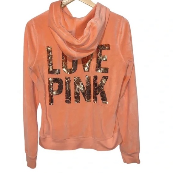 PINK Victoria's Secret Tops - Love Pink Gold Sequin Text Back Victoria’s Secret Orange Velour Hoodie Size L